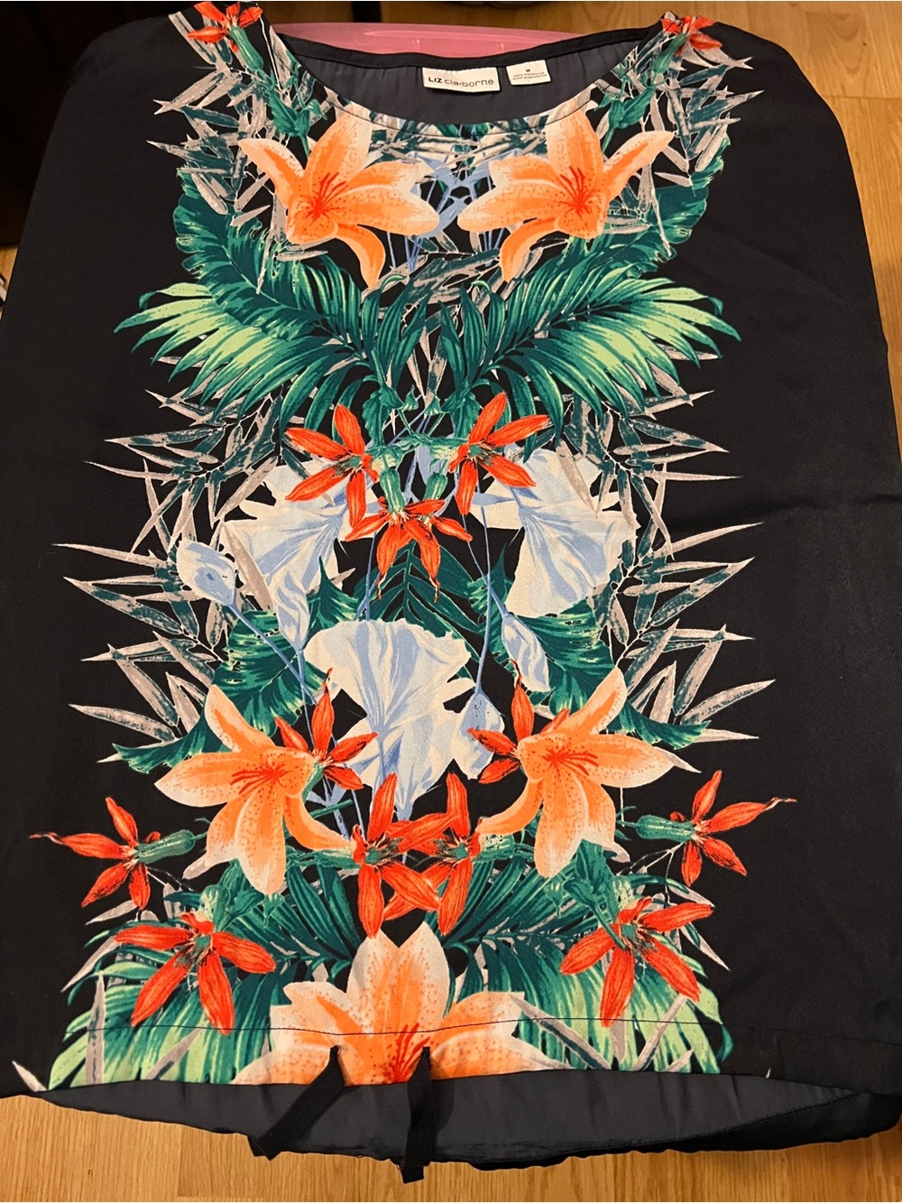 Liz Claiborne Black Short-Sleeve Shirt with Orange & Green Tropical Print
